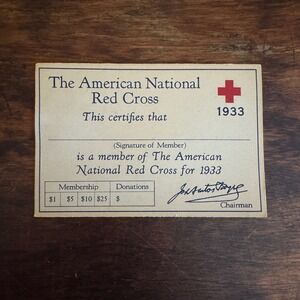 1933 American Red Cross Membership Card Unused‎ with calendar